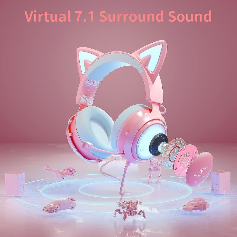 EASARS Pink Gaming Headset GS510, Wired, Over Ear, Cat Ear Design with RGB Lighting, 7.1 Surround Sound, Retractable Mic, Compatible with PC, PS4, PS5 - Image 4